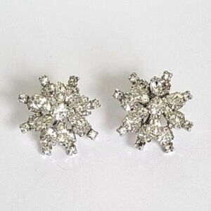 Vintage Sterling Silver Crystal Cluster Snowflake Chunky Large Stud Earrings